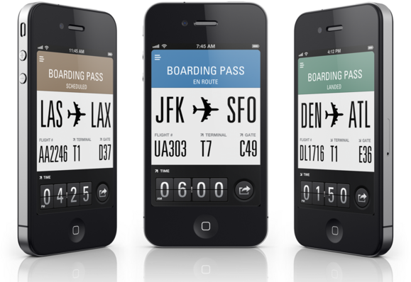 Flight Card developed by Sylion / @jonatan@mastodon.design & @torcelly@mastodon.social  (screenshots circa 2011)

3 phone promo view

Header. Big block rectangle with "Boarding pass" and color coded status of the flight (brown = schedule, blue=enroute, green = landed)

Large tall thin text on white background of starting airport code, plane icon, finishing airport code

under that, flight number, terminal, date

below that, time displayed in skeumorphic flipboard style, share icon