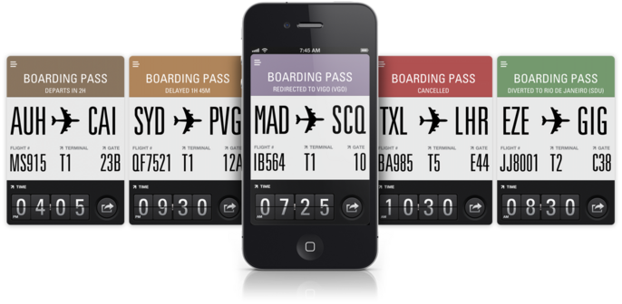 Flight Card developed by Sylion / @jonatan@mastodon.design & @torcelly@mastodon.social  (screenshots circa 2011)

1 phone in the center, with many screens to the left and right in a row, displaying the different status states

Header. Big block rectangle with "Boarding pass" and color coded status of the flight 

(brown = departing in X hours, orange= delayed, purple=redirected, red=cancelled, green = landed)

Large tall thin text on white background of starting airport code, plane icon, finishing airport code

under that, flight number, terminal, date

below that, time displayed in skeumorphic flipboard style, share icon