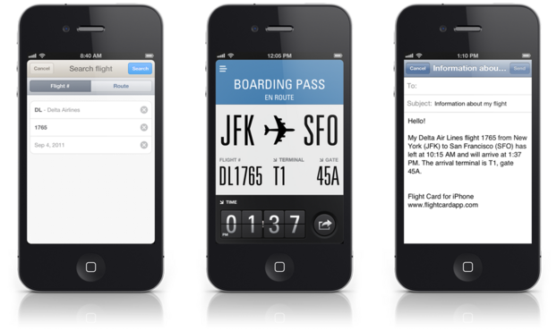 Flight Card developed by Sylion / @jonatan@mastodon.design & @torcelly@mastodon.social  (screenshots circa 2011)

3 iphones, with different screens of the app: Search flight, flight status, email prefilled with information about the flight

