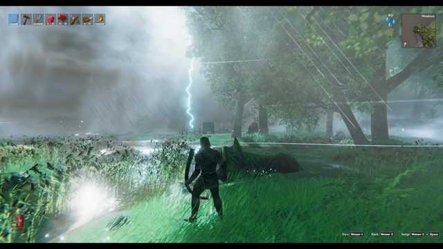 screen grab of Valheim. Raining and lighting.