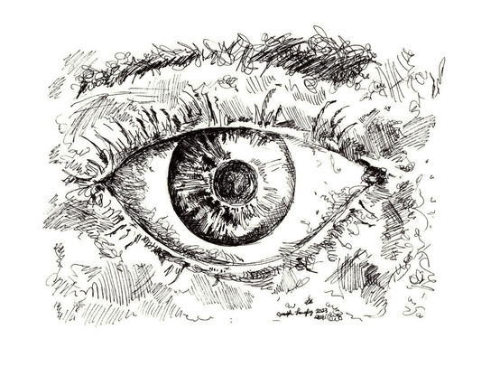 This is an ink drawing of an eye, the third of four, one each day. For this one, I used my day two larger drawing as inspiration, and used gestural linework instead of hatching and crosshatching.