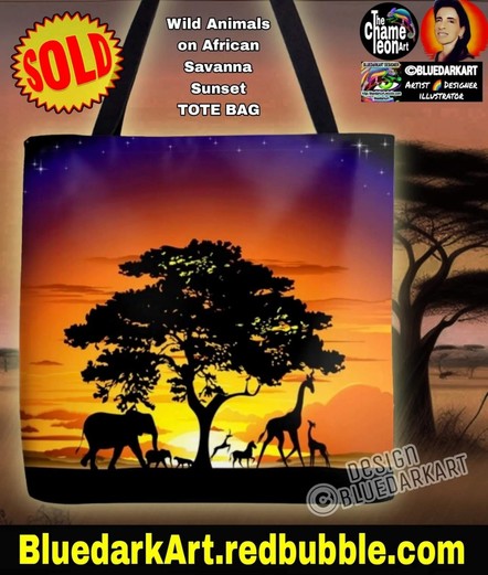 Wild animals on African Savanna Sunset, Art by BluedarkArt TheChameleonArt ● Tote Bags available for sale in the BluedarkArt Redbubble Shop
