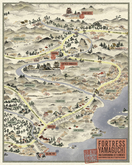 A fantasy map of a fictional Japanese landscape.