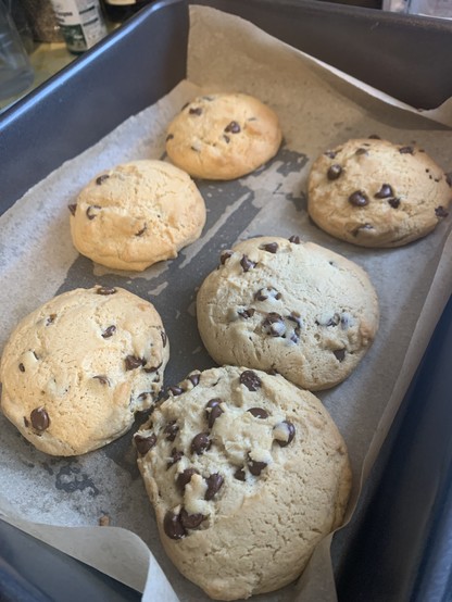 Picture of 6 chocolate chip cookies just out of the oven