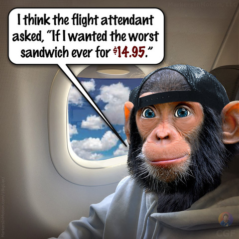 Comic by C.G.Ferman
Chimpanzee boy, Roy Coy is sitting on an airplane next to the plane window. He says, 
I think the flight attendant asked, “If I wanted the worst sandwich ever for $14.95.”
= = = = =
CoyRoy-Airplane-Sandwich.jpg
©2021 Markers In Motion, LLC  &  Christopher G. Ferman