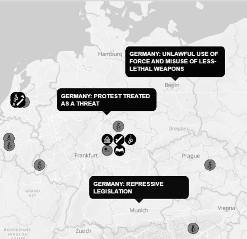 Deutschlandkarte mit drei Sprechblasen über 3 Städten: Deutschland: rechtswidrige Gewaltanwendung und Missbrauch weniger tödlicher Waffen (über Berlin) Deutschland: Protest als Bedrohung behandelt (über Frankfurt) Deutschland: repressive Gesetzgebung (über München).

Map of Germany with three speech-bubbles  above 3 cities: Germany : unlawful use of force and misuse of less-lethal weapons (over Berlin) Germany: protest treated as a threat (over: Frankfurt) Germany: repressive legislation (over Munich).