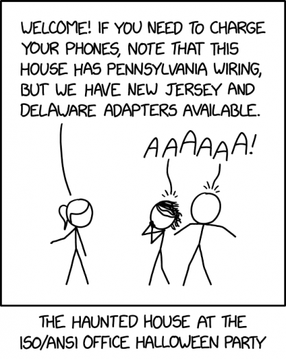 xkcd 2830: Haunted House https://xkcd.com/2830 https://www.explainxkcd.com/wiki/index.php/2830:_Haunted_House Title text: You can leave at any time through the door over there. It's a Louisville door, so you'll need to find a compatible knob. No, don't be silly, that one is a Lexington knob! Of course it won't fit #xkcd #humor #cartoons #ISO #ANSI