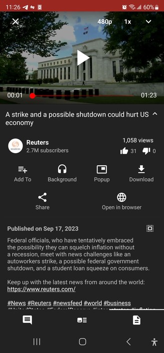 Video with the title "a strike and a possible shutdown could hurt US economy." Below shows "reuters"
The below description reads "federal officials, who have tentatively embraced the possibility they can squelch inflation without a recession, meet with news challenges like an autoworkers strike, a possible federal government shutdown, and a student load squeeze on consumers. 