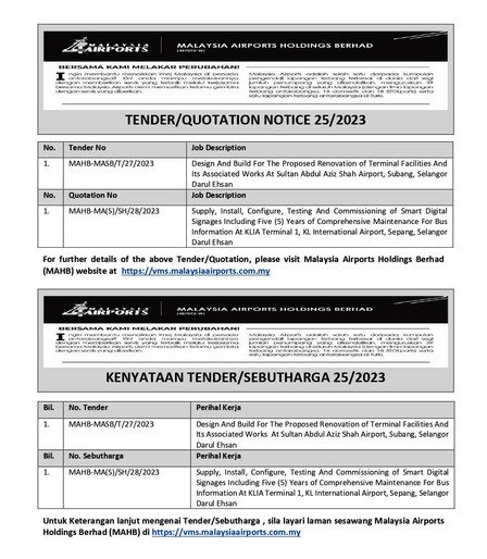 Image of tender and quotation notice by Malaysia Airports.
