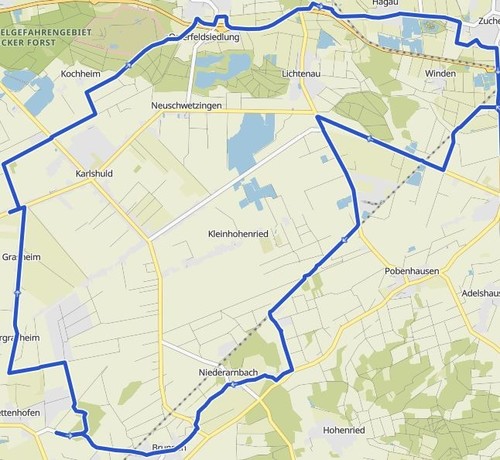 Eine Karte mit einer blauen Linie, die die einen Streckenverlauf zeigt.
