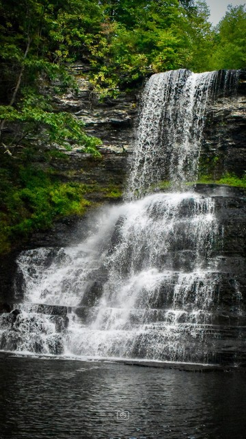 Waterfall over layered rock with giant rhododendron and maple trees, Cascades National Trail, Pembroke, Virginia