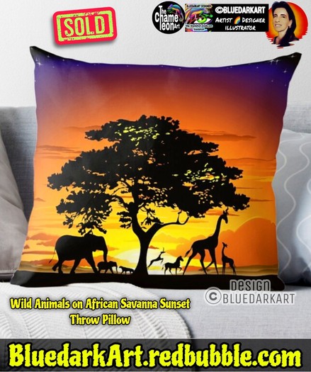 Wild animals on African Savanna Sunset, Art Copyright BluedarkArt TheChameleonArt ● pillows available for sale in the BluedarkArt Redbubble Shop