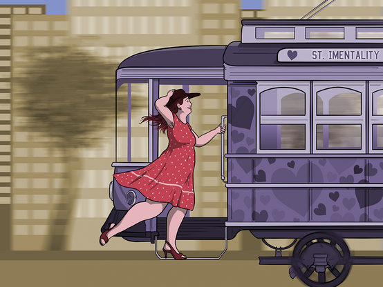 Woman in red dress holding on to her wide brimmed sunhat hops aboard a tram which is speeding along. It's destination is marked 'St Imentality'