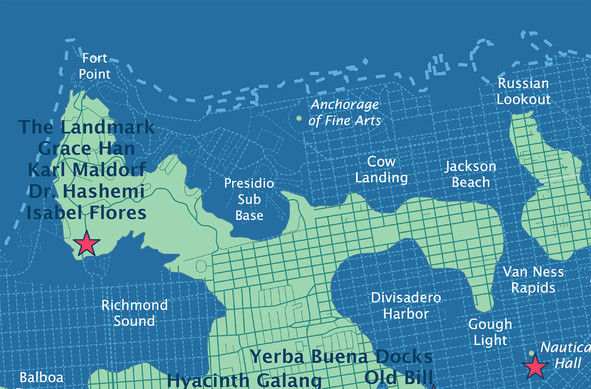 Detail from the Forever Wave map of a drowned San Francisco circa 2070 after a 200 foot sea level rise. The land is in light green and the water royal blue, place names are detailed in white and character names in dark green with dark green arrows pointing to their locations indicated by red stars.