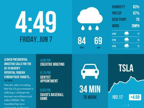 Morning — Weather, To-Do, News, and more, developed by Tamper / @chrismasterson / @dlouhy (screenshots circa 2013, video circa 2014)

Monochromatic blue background with different-sized boxes of information

4:49 Friday, Jun 7, current weather conditions, RSS feed, calendar events, commute times and stocks