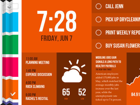 Morning — Weather, To-Do, News, and more, developed by Tamper / @chrismasterson / @dlouhy (screenshots circa 2013, video circa 2014)

Monochromatic orange background with different-sized boxes of information

7:28 Friday, Jun 7, to-do list, calendar, current weather conditions, RSS feed