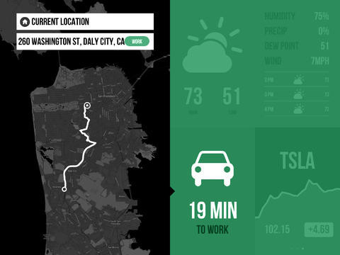 Morning — Weather, To-Do, News, and more, developed by Tamper / @chrismasterson / @dlouhy (screenshots circa 2013, video circa 2014)

Monochromatic green background with different-sized boxes of information, commute box selected with detail of driving directions