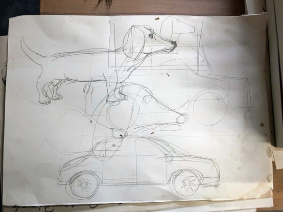 Bleistiftskizze eines Dackels und eines Autos.