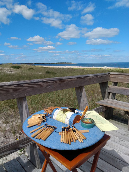 The beach walkway has a small deck perch with benches, overlooking the sea grass and dunes, a sandy beach, and further out the blue ocean water and a little island off to the left. Some small puffy clouds are casually floating by in the glorious blue sky. 

My blue roller lace pillow is set up for work on a small folding table on the gray weathered wooden deck area.
