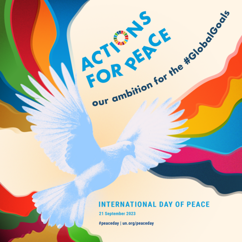Artwork celebrating International Day of Peace 2023. Depicts a pigeon in flight with wide open wings. A rainbow of color strokes is emanating from the bird and spreads in all directions.