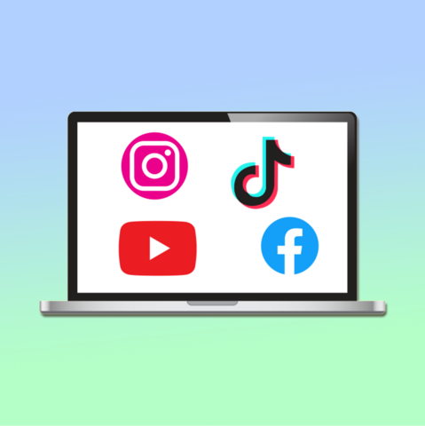 a laptop showing the icons of social media sites, Instagram, Tik Tok, YouTube and facebook
