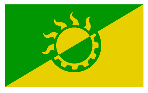 A proposed "flag" from the solarpunk movement aiming to represent the fusion of technology and nature that is needed to create a radically different, sustainable society. The flag uses the colors green and yellow to represent nature and technology respectively. The central element is a depiction of the Sun fused with a cogwheel.