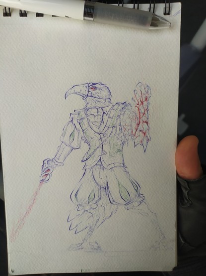 Pen sketch of a kenkku from DnD , who is a warlock and has a somewhat demonic left arm, wielding a flaming rapier,wearing an iron muzzle,elegant clothing