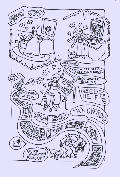 An illustration of a person waking up in bed, and entering into an impossibly busy workday. It's a page of a comic and visually packed with stuff to imply that work is an existential nightmare ribboning around a life, like a noose.