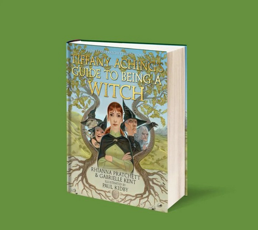 3D visual of book Tiffany Aching's Guide to Being a Witch against a green background.