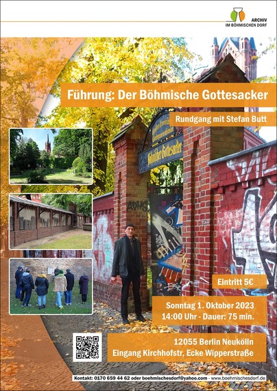 Plakat für die Friedhofsführung mit Stefan Butt über den böhmischen Gottesacker in Berlin-Neuköln am 1. Oktober 2023