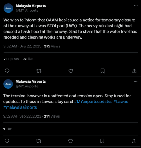 Screenshot of post by Malaysia Airports on their official account on other social media.