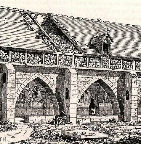 A historical illustration of a charnel house in Holy Innocents’ Cemetery and, visible between the arches, an impression of the danse macabre.