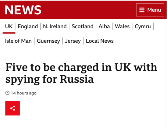 Screenshot from the BBC News website with the headline "Five to be charged in UK with spying for Russia"