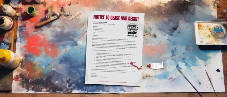 An 8.5 x 11" page with a title Cease and Desist. The lengthy copy on the page accuses a human artist for having copied the style on an AI bot with 85.9% accuracy. The letter is formal looking, coming from the AI Artists Rights Association. The page is set upon an artists work surface, covered in paint and art supplies.
