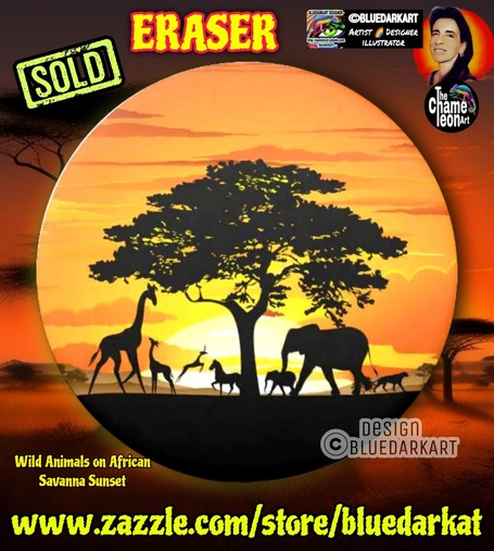 Wild animals on African Savanna Sunset, Art by BluedarkArt TheChameleonArt ● Erasers are available for sale in the BluedarkArt Zazzle Store