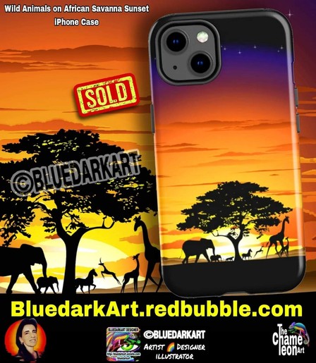 Wild animals on African Savanna Sunset, Art Copyright BluedarkArt TheChameleonArt ● phone cases available for sale in the BluedarkArt Redbubble Shop