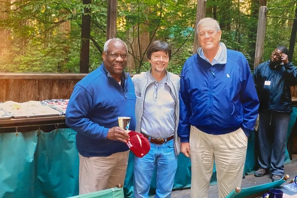 Clarence Thomas Secretly Participated in Koch Network Donor Events 

 Thomas has attended at least two Koch donor summits, putting him in the extraordinary position of having helped a political network that has brought multiple cases before the Supreme Court.

Image:  Supreme Court Justice Clarence Thomas at the Bohemian Grove, a secretive all-men’s retreat in Northern California, with billionaire industrialist David Koch, right, and Ken Burns, whose films Koch has financially supported. Credit: ProPublica 

Source: https://www.propublica.org/article/clarence-thomas-secretly-attended-koch-brothers-donor-events-scotus