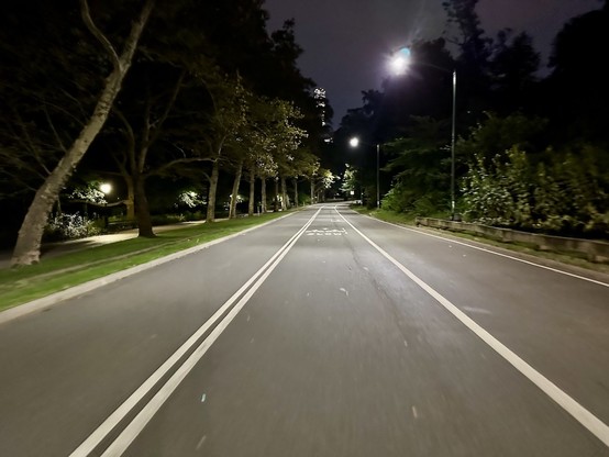 Night time photo of a straightaway on the Central Park loop. One or two tall buildings south of the park can just be seen through/above the trees.
