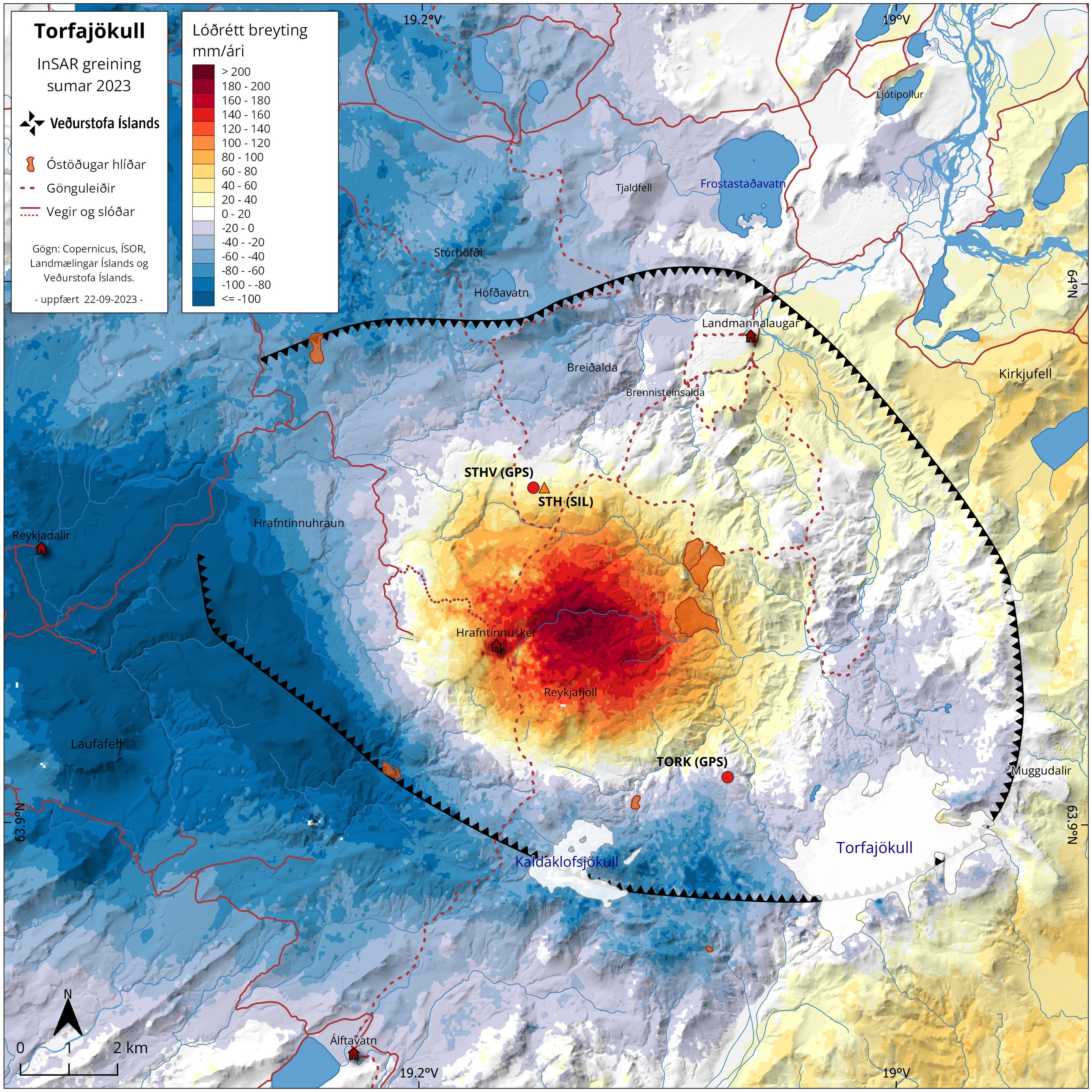 A map made with QGIS showing an inflating volcanic caldera.