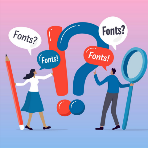 The illustration shows two people standing in front of exclamation and interrogation giant red and blue marks with the words “fonts” written on speech balloons in white (with blue text), in red and blue (with white text). One person is holding a magnifying glass and the other is holding a pencil. The background is a gradient from light blue on the bottom to pink on the top. The woman wears a white shirt and blue skirt and her giant pencil is red. The man wears a blue sweater and grey pants. His magnifying glass is blue.