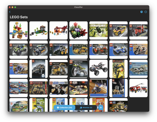 A screenshot of the Classifier app on macOS showing a few documented LEGO sets with cover images of mostly boxes and some showing the built set as preview