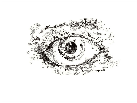 This is an ink drawing of an eye in a gestural style.