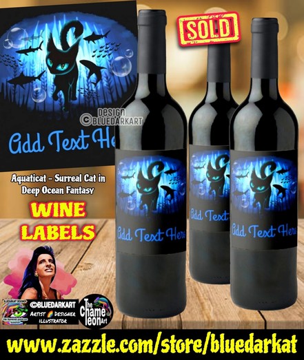 Aquaticat, Surreal Cat in deep ocean fantasy ● Design Copyright BluedarkArt TheChameleonArt ● Wine Labels available for sale in the BluedarkArt Zazzle Store