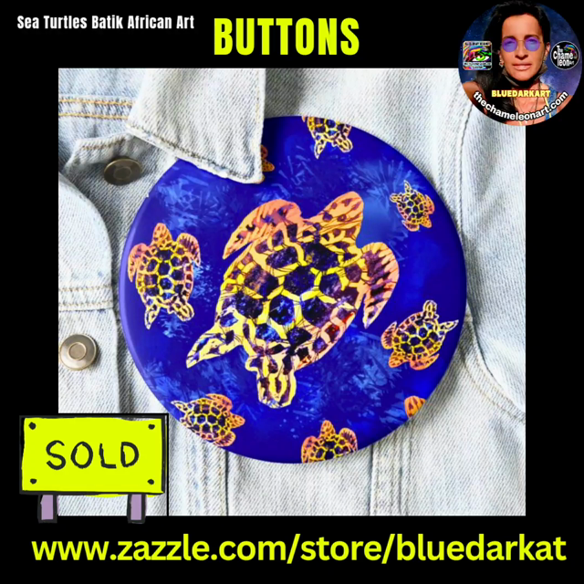 Sea turtle African Batik Style Art Copyright BluedarkArt TheChameleonArt ● Buttons available for sale in the BluedarkArt Zazzle Store
