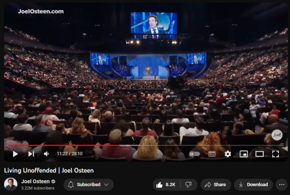 Living Unoffended | Joel Osteen
https://www.youtube.com/watch?v=AFSoAdMQNRs
208,519 views  19 Sept 2023  LAKEWOOD CHURCH
How you handle offenses can broaden or limit your potential. When you release the offense and trust God to be your vindicator, there’s no limit to where He can take you. 

🛎 Subscribe to receive weekly messages of hope, encouragement, and inspiration from Joel! http://bit.ly/JoelYTSub

Follow #JoelOsteen on social 
Twitter: http://Bit.ly/JoelOTW 
Instagram: http://BIt.ly/JoelIG 
Facebook: http://Bit.ly/JoelOFB