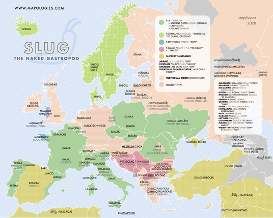 etymology map of slug (gastropod)