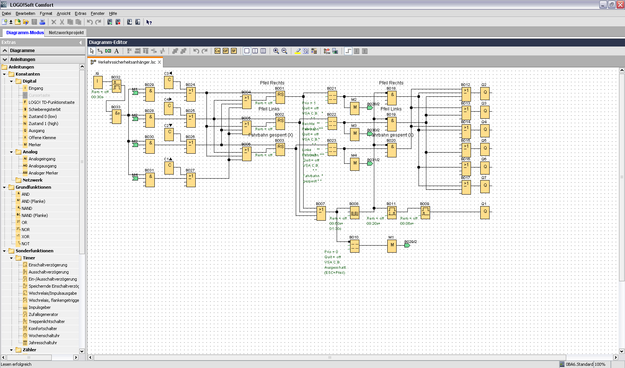 A screenshot of the "Siemens LOGO! Soft Comfort" software with a completed function block diagram.