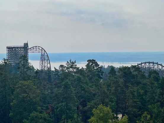 Wildfire roller coaster from the Safari cable car ride. Bottom of the image is greenery. Top of the image is the Bråviken bay and blue sky. 2 parts of the roller coaster poke out from the trees: the turn into the first drop, and the zero g stall.