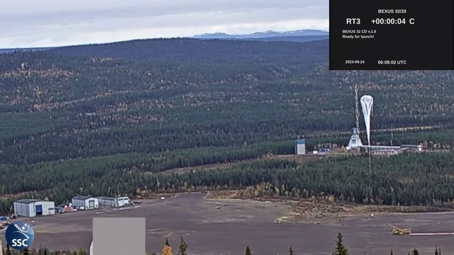View of the BEXUS 32 balloon launch from a camera mounted on Radar Hill as seen during the live stream of the event.