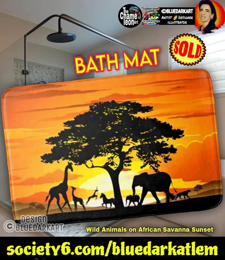Wild animals on African Savanna Sunset, Art Copyright BluedarkArt TheChameleonArt ● Bath mats available for sale in the BluedarkArt Society6 Shop